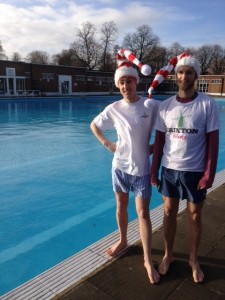 Brixton Blog co-editor Tim Dickens, left, and Charlie Russell prepare for a December dip in Brockwell Lido