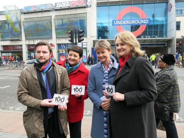 From left - right, cllr Jack Hopkins, Val Shawcross AM, Yvette Cooper MP and council leader Lib Peck outside Brixton Tube Station today