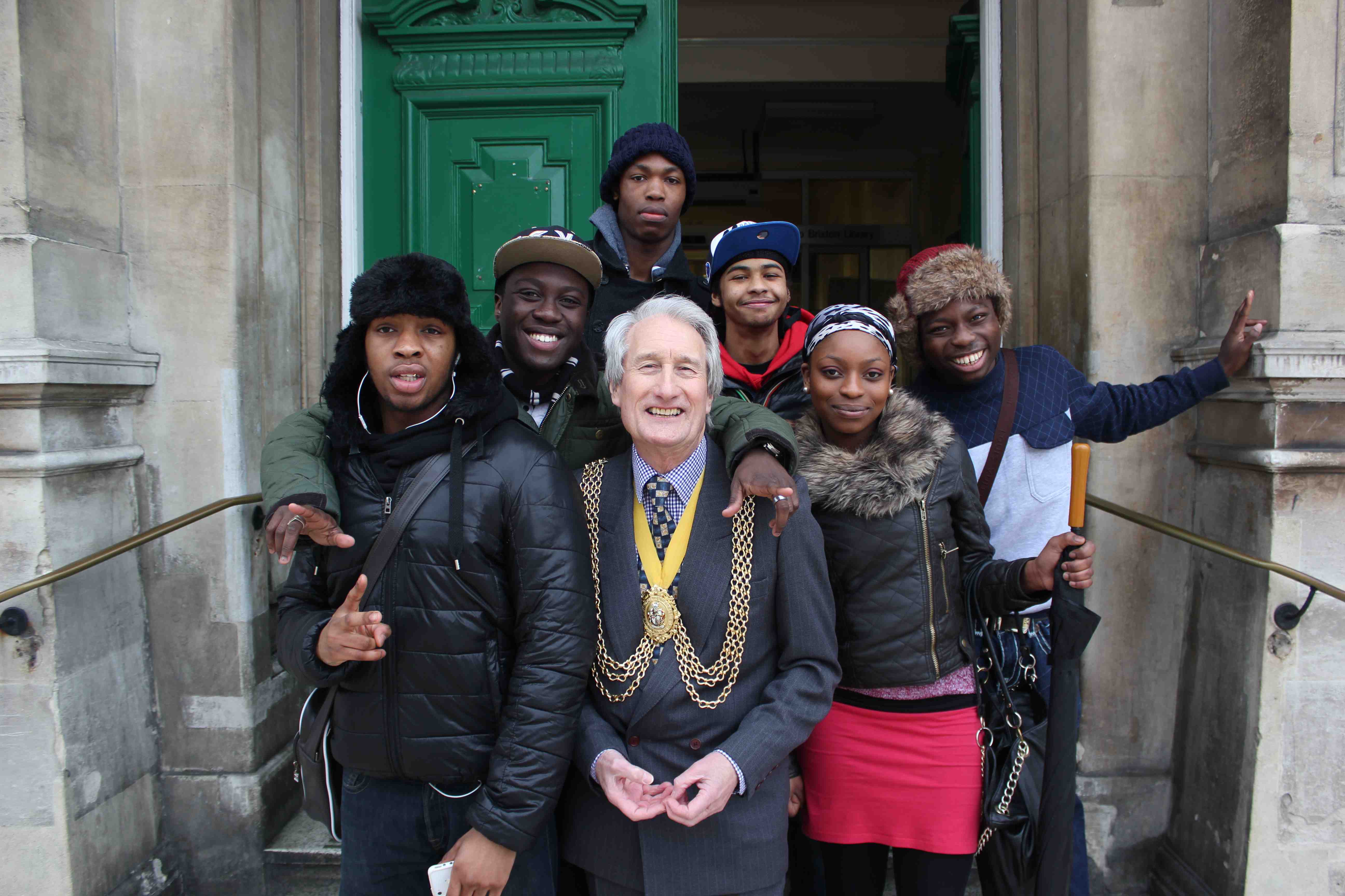 Lambeth Mayor Councillor Clive Bennett & young writers outside Tate Library