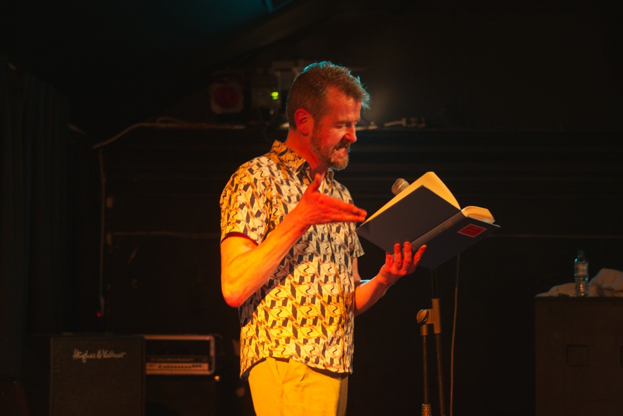 Adam Mars Jones reads at the Book Jam. Photograph by Stuart Taylor