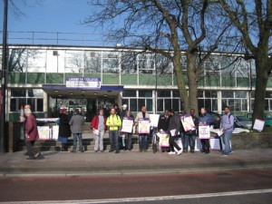 Union members outside Lambeth College in Brixton during a protest over Government cuts. Picture from Lambeth Save Our Services