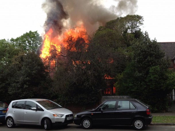 Clinton House, Palace Road, in flames earlier. 