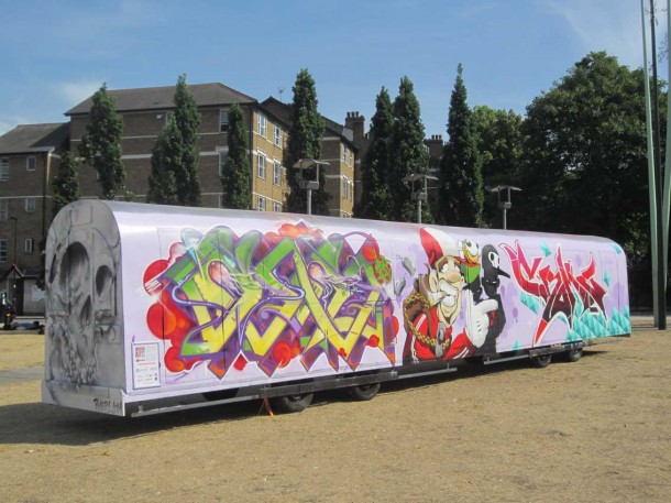 The life-size model of a train carriage in Windrush Square