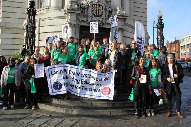 STRIKE: Lambeth teachers on the steps of the Town Hall this morning. Picture by Tim Dickens 