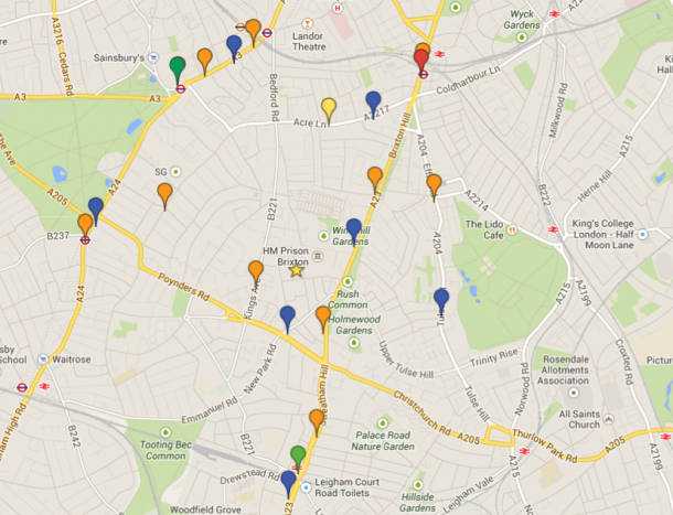A map of the 22 supermarkets Andrew Child found within a mile of his Brixton Hill home
