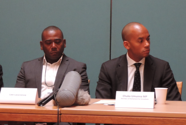 Lee Lawrence, left, with Chuka Umunna at a press conference in Wednesday today 
