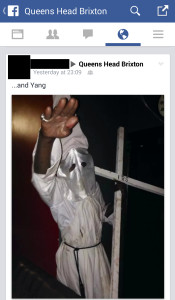 A Facebook screenshot shows a Nazi salute by a man in a KKK costume (via Nisha Damji)