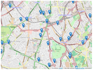 Map showing schools near polluted roads - photo by howpollutedismyroad.org.uk
