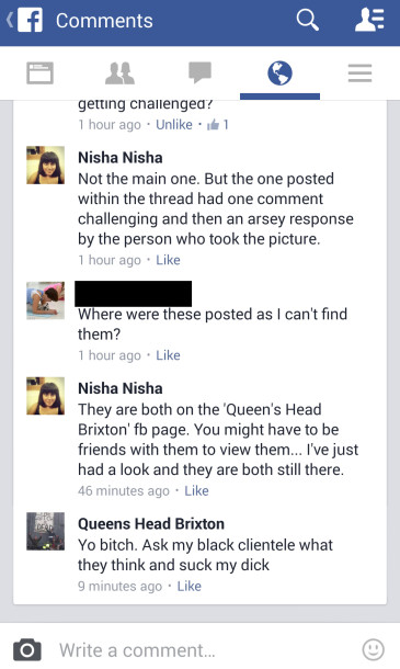Nisha said she was 'appalled' at the response she received from the Brixton pub.