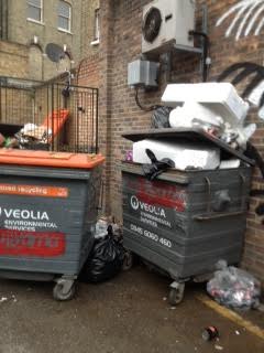 Overflowing rubbish bins on Vining Street