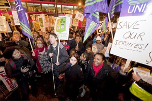 Anti cuts protesters assemble outside Lambeth Town Hall in 2011