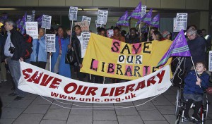Striking library workers demonstrated outside the council meeting