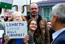 Laura Swaffield of Friends of Lambeth Libraries confronts Labour mayor candidate Sadiq Khan