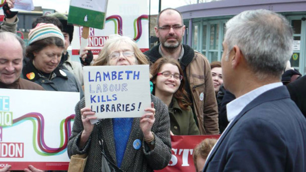 Laura Swaffield of Friends of Lambeth Libraries confronts Labour mayor candidate Sadiq Khan
