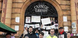 Junior doctors and supporters outside the Carnegie library occupation