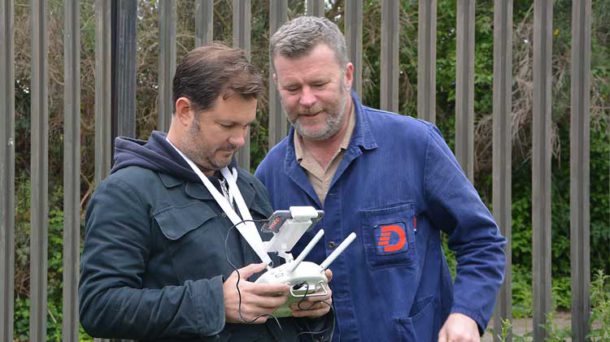 Mark Eley of Eley Kishimoto watches as proceedings are filmed by a drone (below)