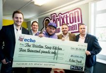 Charlie Sloth with the £5,000 donation for Brixton Soup Kitchen from the Echo Trust charity. From left: Tom Miell (Oceana Watford), Andrew Mclachlan (PRYZM Cardiff), Charlie Sloth, Hal Pearson (Liquid, Gloucester), Peter Bell (Club Batchwood, St Albans).