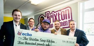 Charlie Sloth with the £5,000 donation for Brixton Soup Kitchen from the Echo Trust charity. From left: Tom Miell (Oceana Watford), Andrew Mclachlan (PRYZM Cardiff), Charlie Sloth, Hal Pearson (Liquid, Gloucester), Peter Bell (Club Batchwood, St Albans).