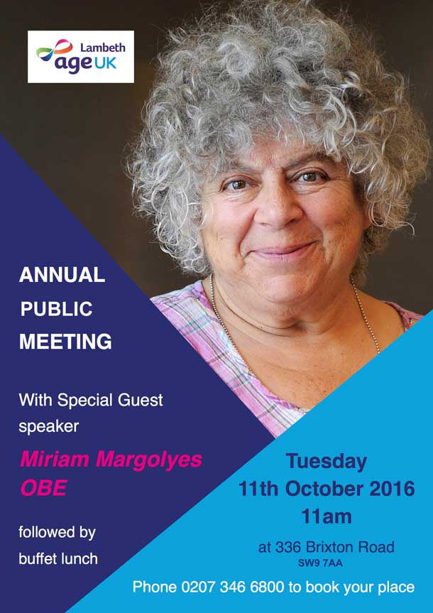 Age UK AGM Poster with Miriam Margolyes