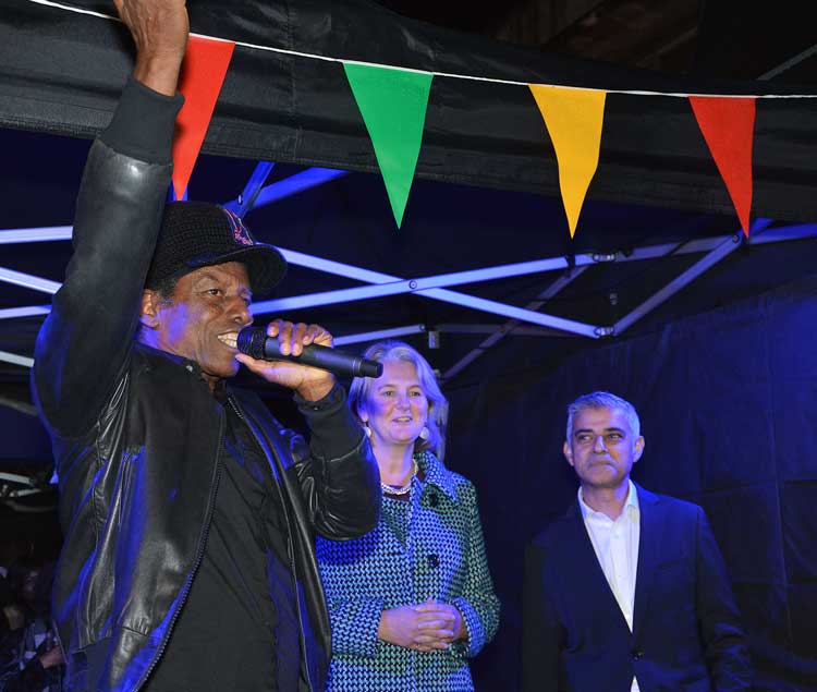 Lib Peck and Sadiq Khan watch as Eddy Grant counts down to the switch-on