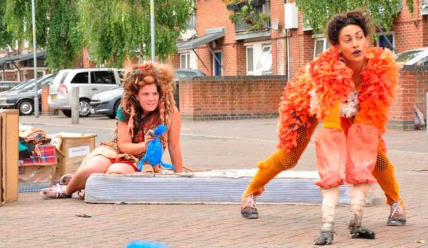 Action from BeautifulMess’ The Three Scavengers in 2014 – “a crazy music-filled street performance in Brixton with a fox, a bag-lady and a street sweeper”