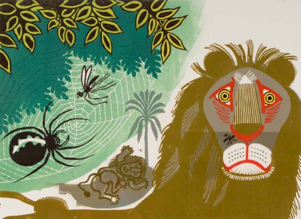 Edward Bawden, [Aesop’s Fables] Gnat and Lion, 1970, Colour linocut on paper, Trustees of the Cecil Higgins Art Gallery (The Higgins Bedford), © Estate of Edward Bawden