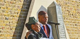 Nairobi Thompson and Jak Beula at the African Caribbean war memorial in Windrush Square