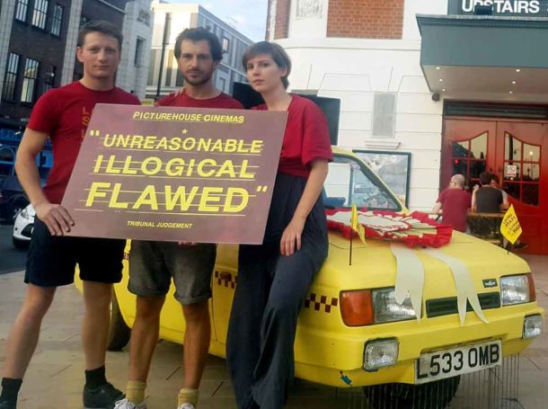 Sacked union reps (l-r)Tom McKain, Marc Cowan and Natalie Parsons outside the Ritzy in Brixton