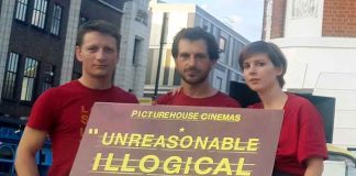 Sacked union reps (l-r)Tom McKain, Marc Cowan and Natalie Parsons outside the Ritzy in Brixton