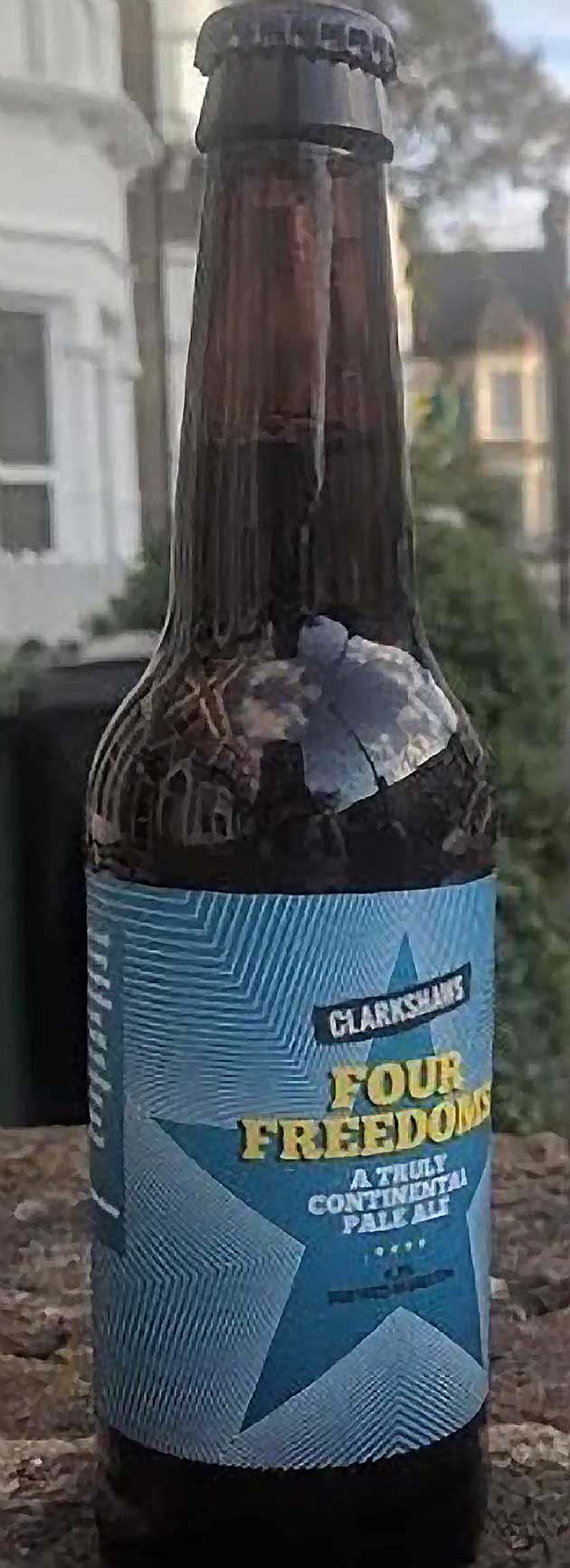 Bottle of Four Freedoms Ale brewed by Clarkshaws