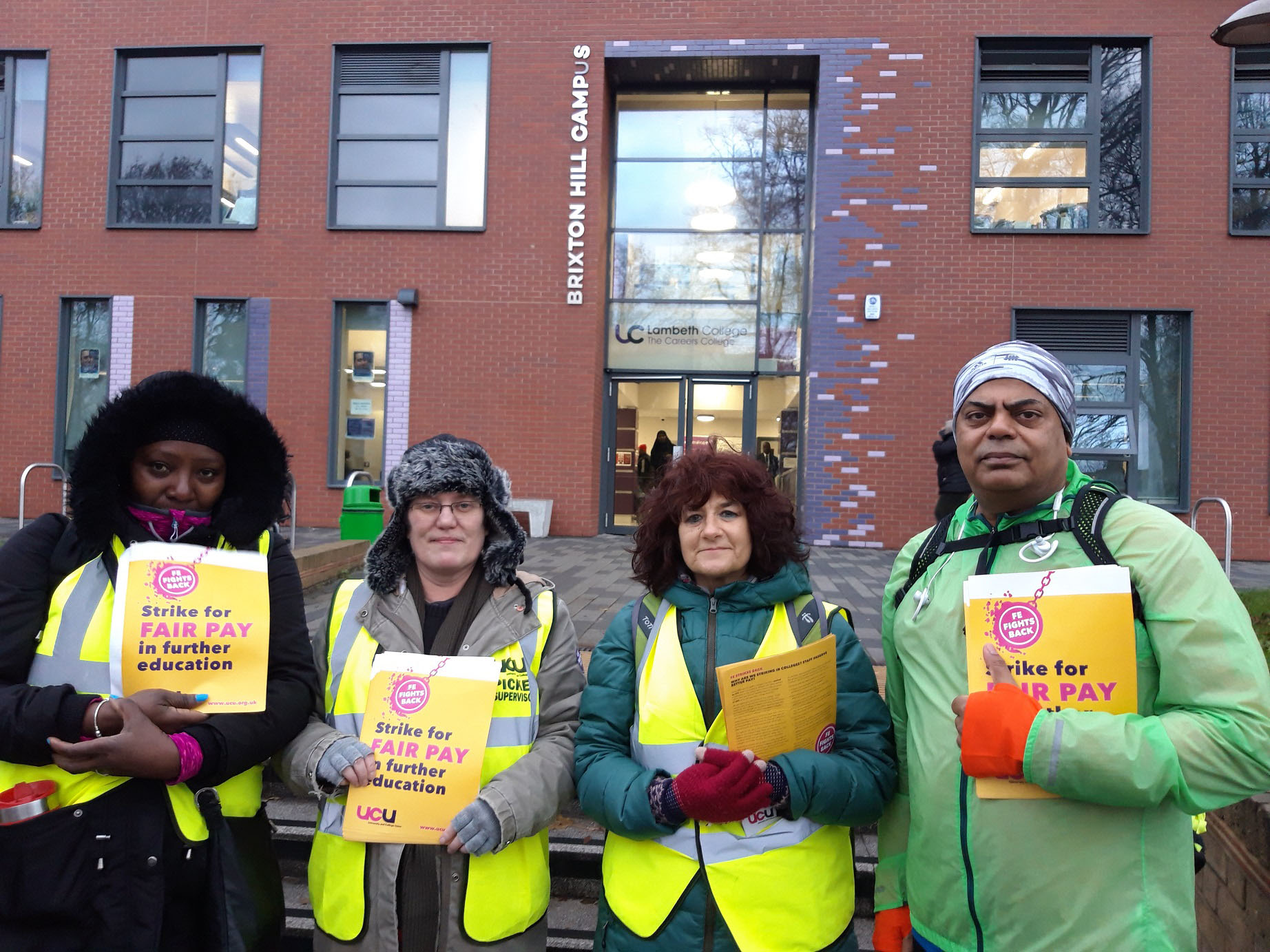 Tracey Young (second from left) picketing with colleagues outside Brixton Hill campus on Thursday.