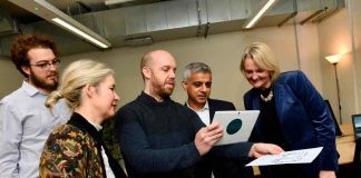 Neil Small of Lucid Environments displays interactive images to Sadiq Khan with (from left) Liam Dickinson of Lucid, London deputy mayor Justine Simons and Lambeth council Leader Lib Peck.