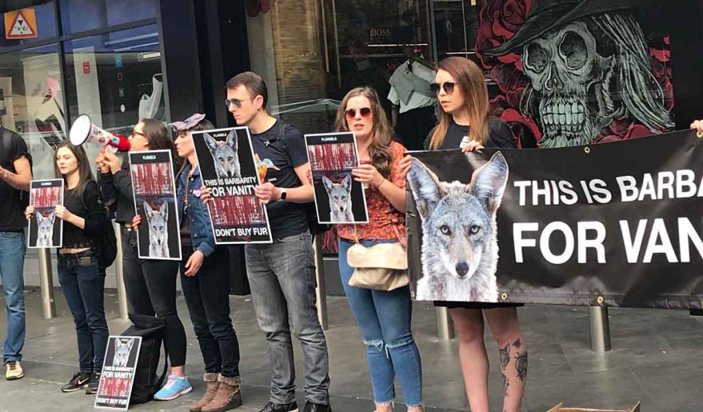 Anti-fur protesters outside the Flannels shop in Brixton