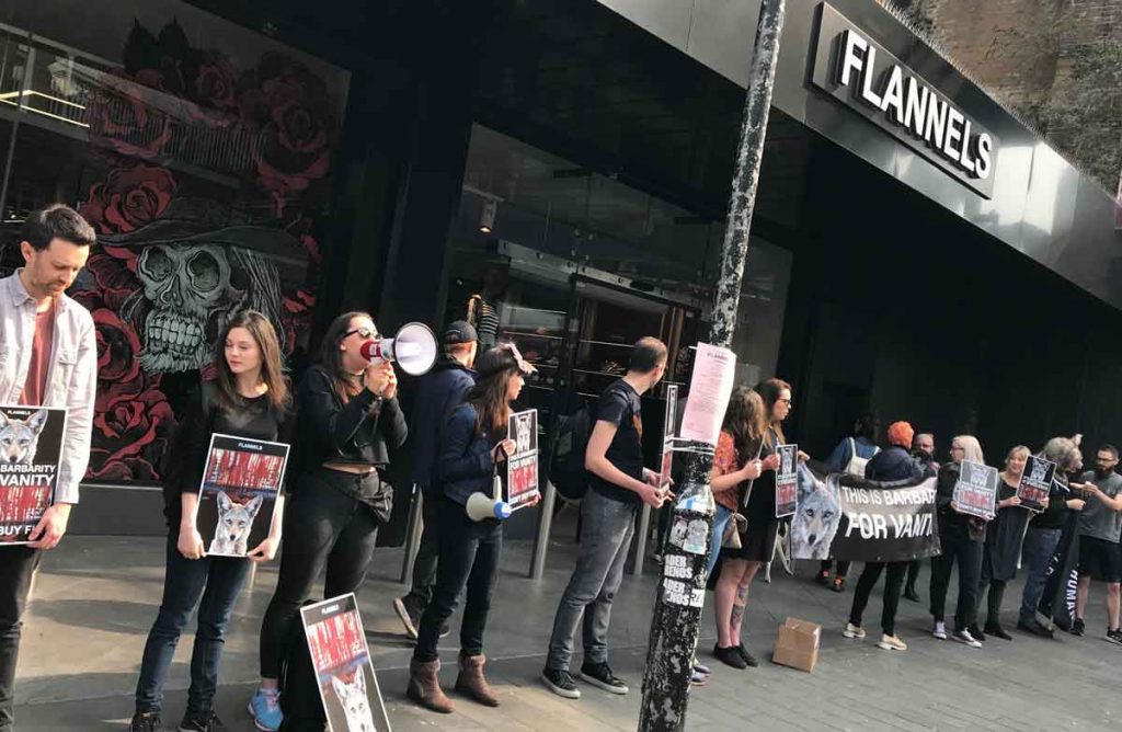Anti-fur protesters outside the Flannels shop in Brixton