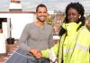 Habiba Usman, a 17-year-old resident of the Loughborough Estate and a graduate of the Brixton Energy Solar training programme, with Agamemnon Otero