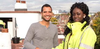 Habiba Usman, a 17-year-old resident of the Loughborough Estate and a graduate of the Brixton Energy Solar training programme, with Agamemnon Otero