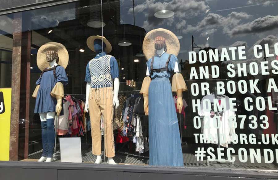 Window display of Traid charity shop in Brixton