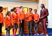 Levi Roots with St Helen’s primary pupils at Lambeth town hall celebrating their Dragon’s Den success