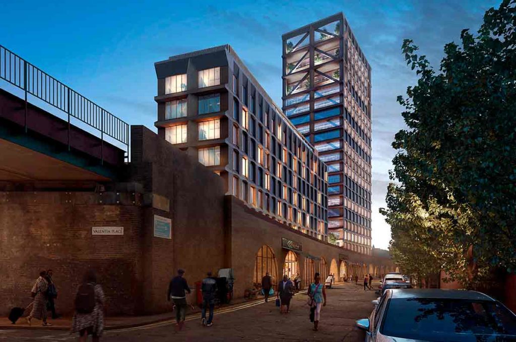 Computer generated image of the development seen from the junction of Brixton Station Road and Valentia Place