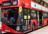 bus with boarding signs