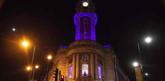 Lambeth town hall in Brixton lit in purple to mark the death of George Floyd