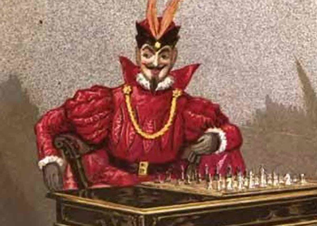 man in costume with chess board