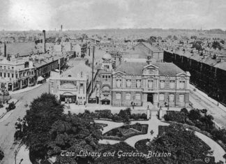 This shows the grand – but not very big – entrance between the cinema and the library and the size of the building behind the library reaching to Rushcroft Road