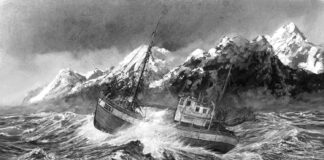 painting of small boat in storm