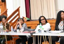 women on panel at public meeting