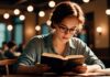 woman reading book in a bar