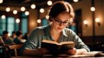 woman reading book in a bar