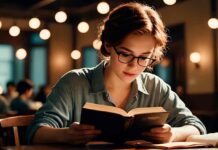 woman reading book in a bar