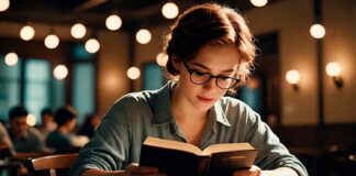 woman reading book in a bar