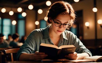 woman reading book in a bar